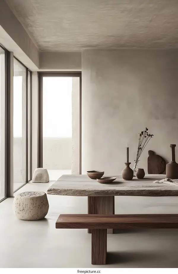 Minimalist Interior Design with Wooden Table and Bench