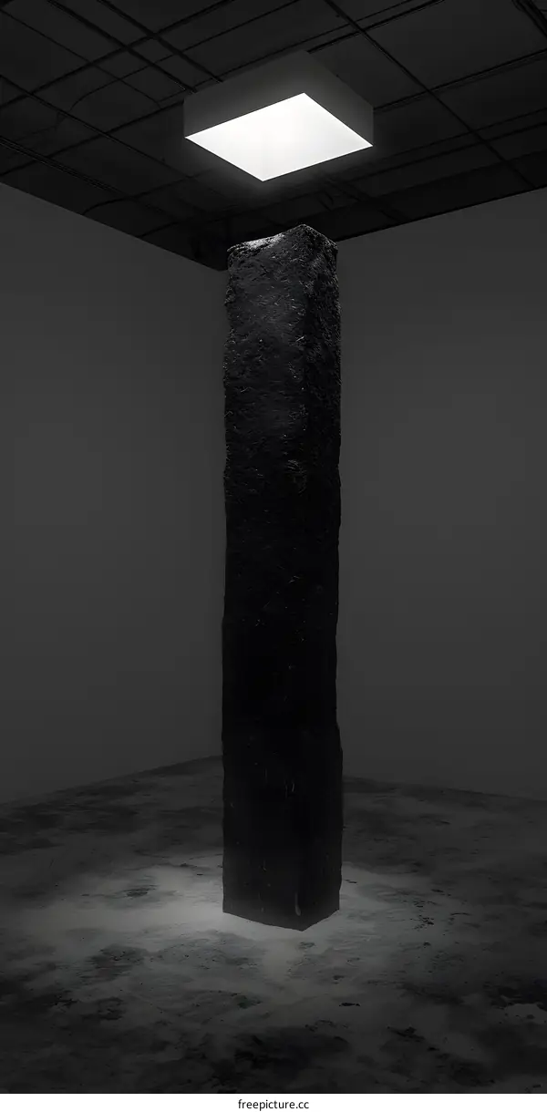 Black Rock Sculpture in Empty Room Under Square Light