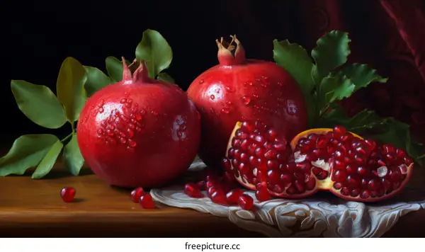 Two Whole Pomegranates and a Half-Cut Pomegranate with Seeds