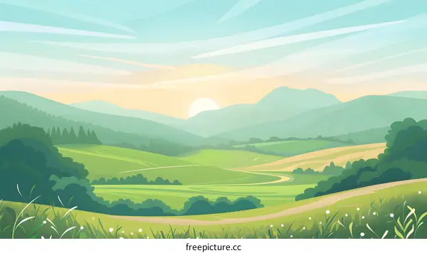 Green Hills Sunset Landscape Illustration