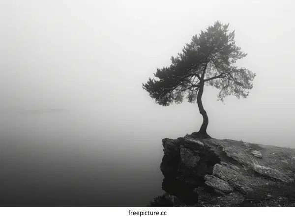 Solitary Tree on a Precarious Cliff Overlooking the Mysterious Fog