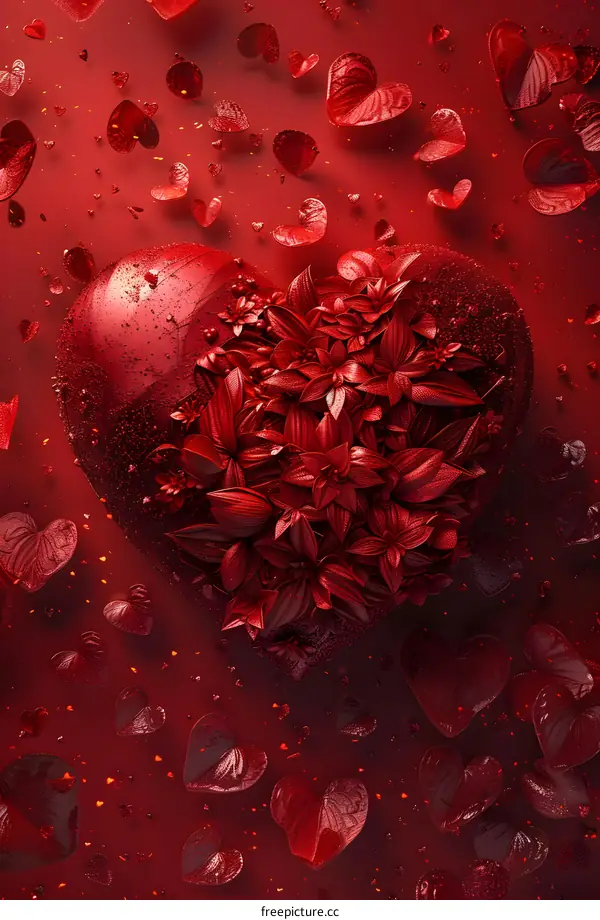 Red velvet heart with flowers background