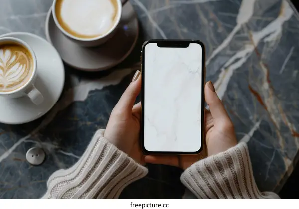 A woman holding a smartphone with a blank screen