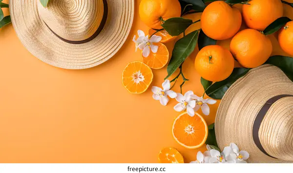 Summer Still Life with Oranges and Straw Hats