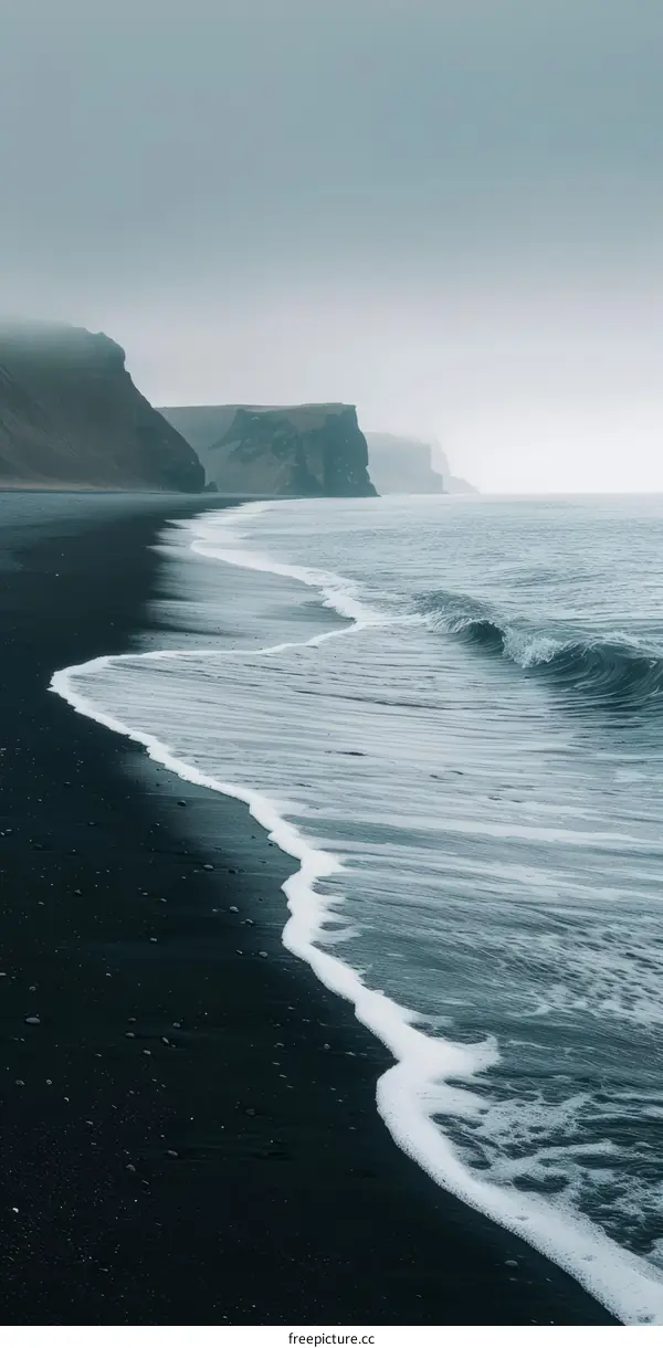 Black sand beach with dark sea and cloudy sky