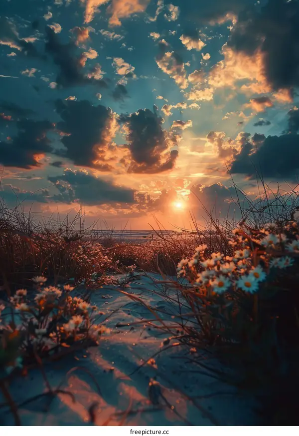 beach sunset with daisies