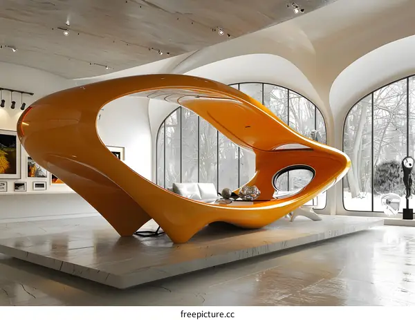 futuristic orange sculpture resembling a bed in a modern home