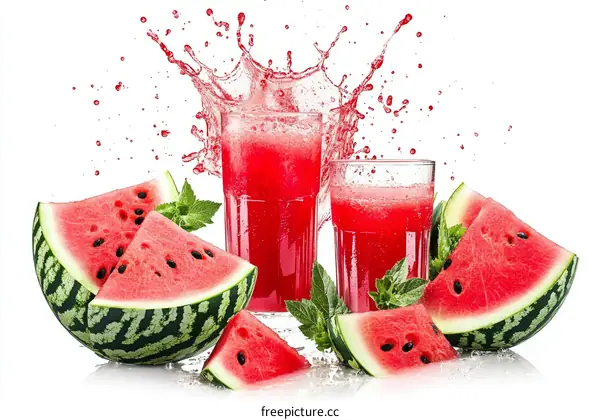 Fresh Watermelon Juice Splashing into Glasses