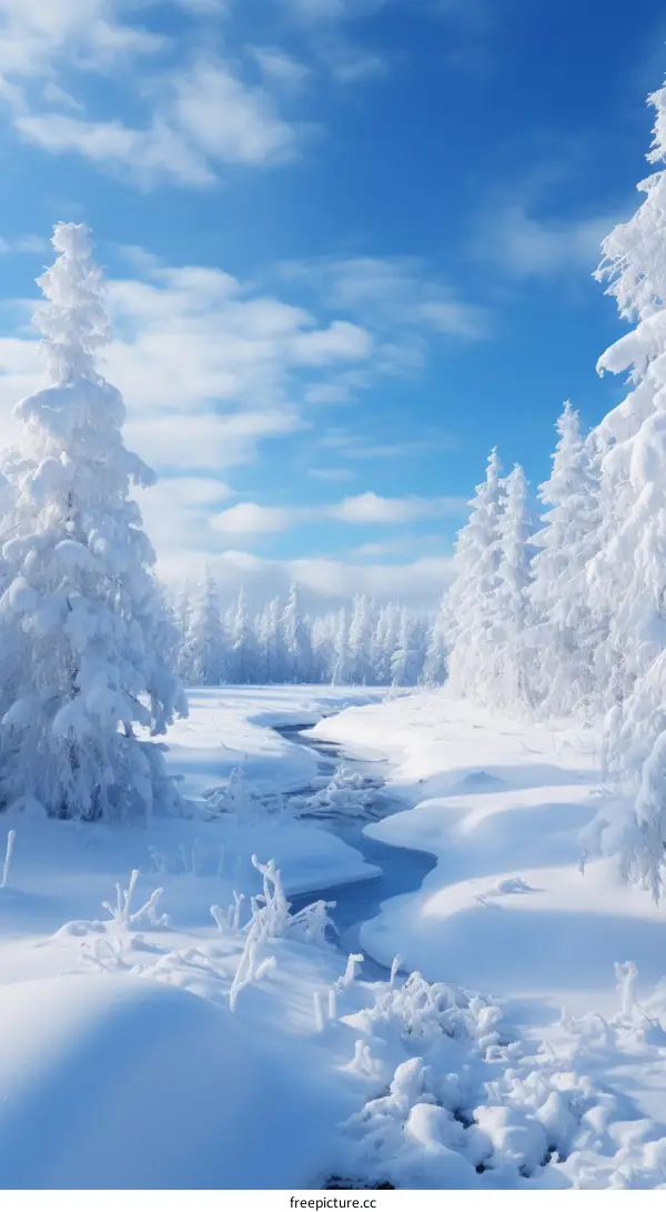 A frozen river runs through a snowy forest