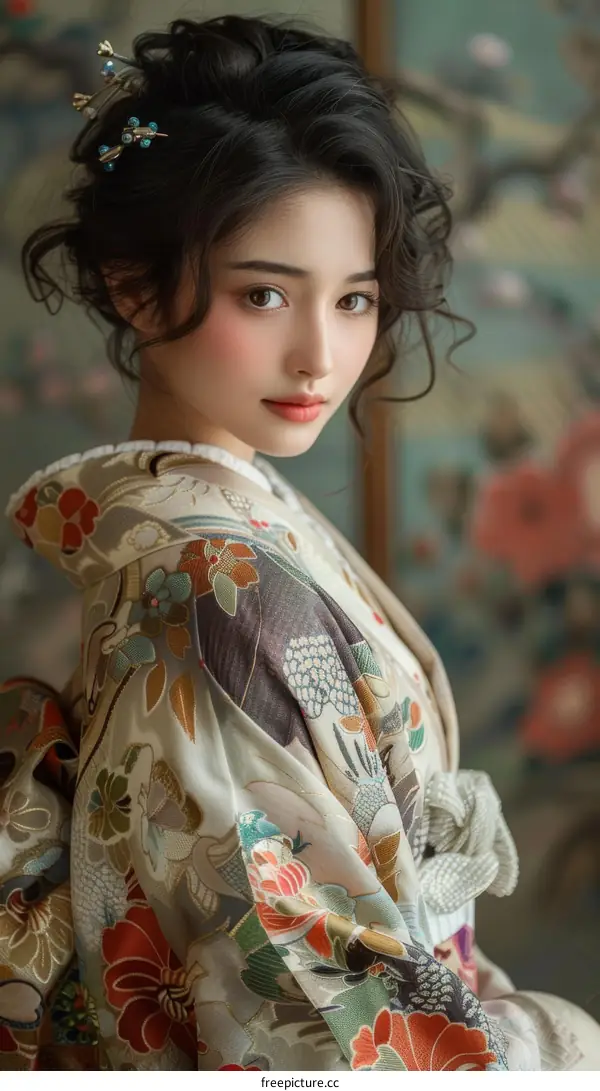 Elegant Japanese Woman in Traditional Kimono