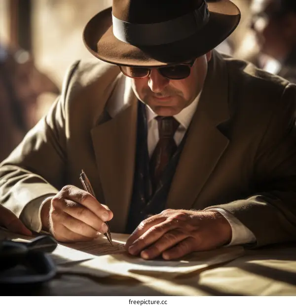 Vintage sepia toned photo of a man in a hat and sunglasses signing a document