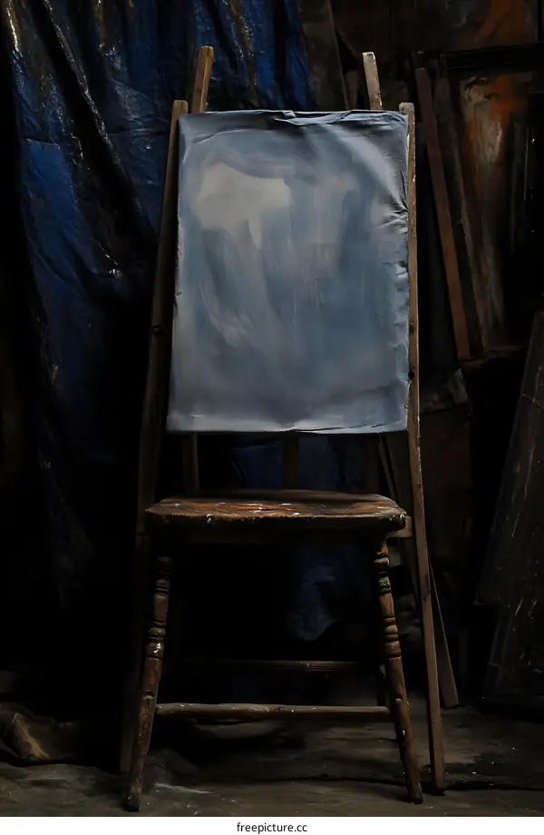 Old Wooden Easel with Blue Canvas in a Dark Studio
