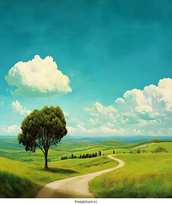 Countryside Road With Green Fields and Blue Sky