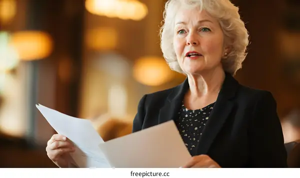 Elderly Woman Reading From A Document While Speaking
