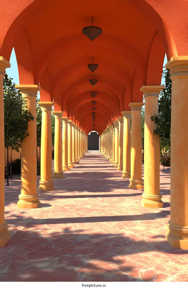 Long Arched Colonnade Pathway with Orange Ceiling