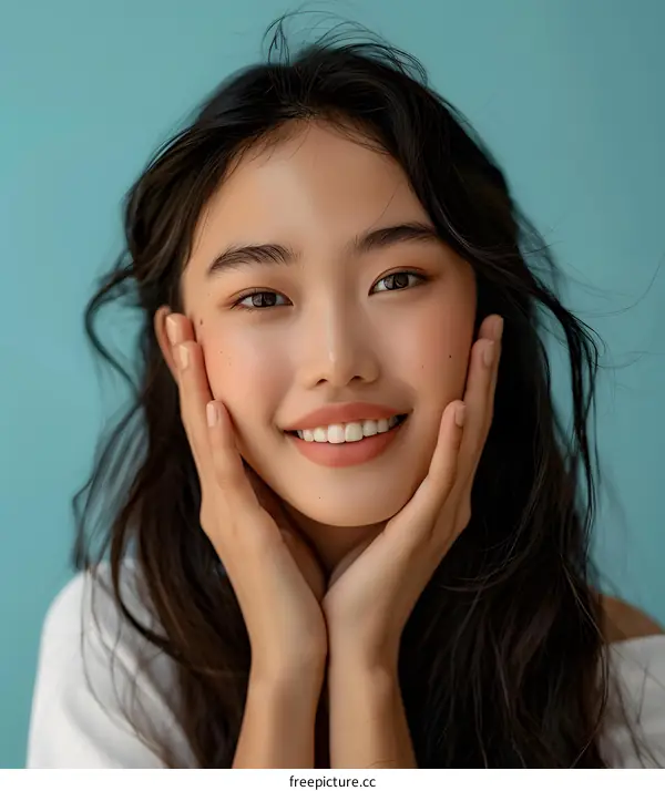 Portrait of a Beautiful Asian Woman with Long Black Hair Smiling