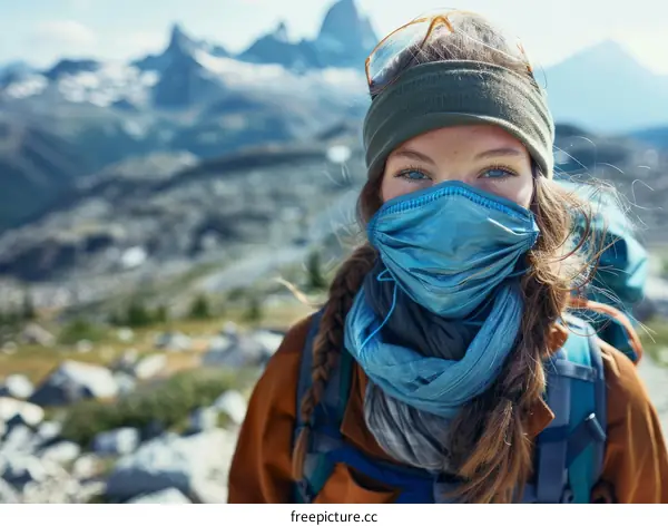 Young woman wearing a face mask hiking in the mountains