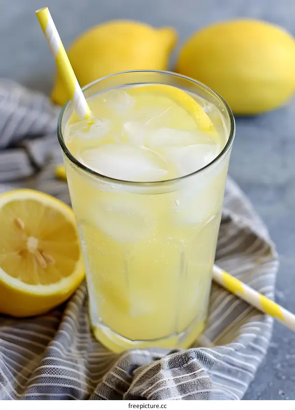 Glass of Lemonade with Ice and Straw on Grey Surface