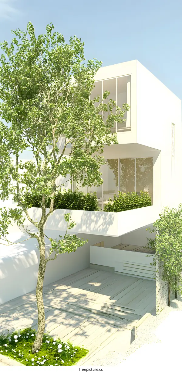 Modern Minimalist House with Green Plants and Wooden Deck
