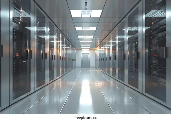 Modern Server Room Corridor with Glass Doors