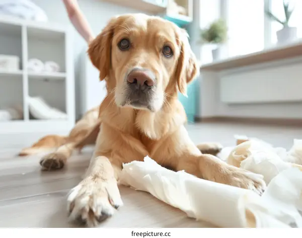 Golden Retriever Playing with Destroyed Paper Towel Roll