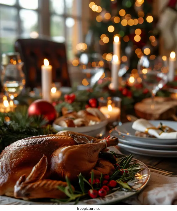 A table set with a roasted chicken, surrounded by Christmas decorations