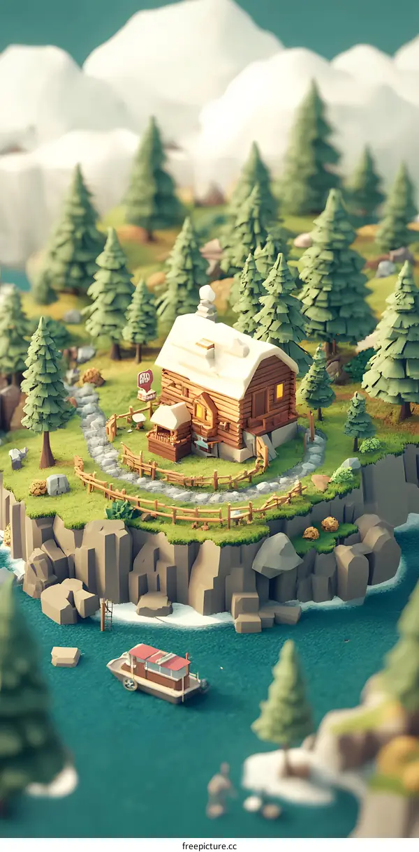 Low Poly Forest Cabin and Boat in the Mountains