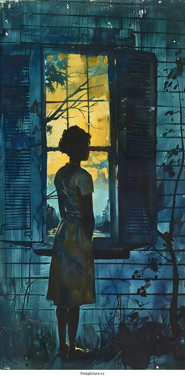 A painting of a girl looking out a window