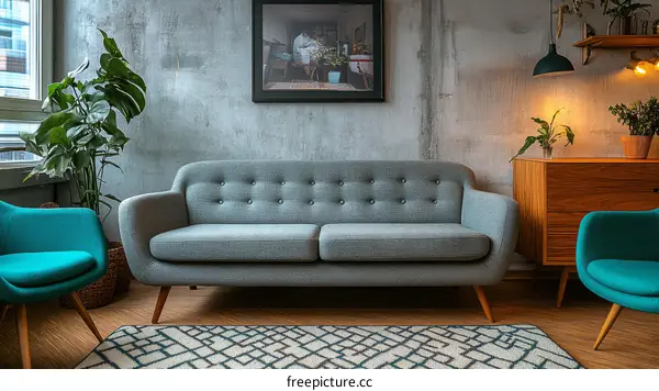 Cozy Living Room with Gray Sofa and Teal Chairs