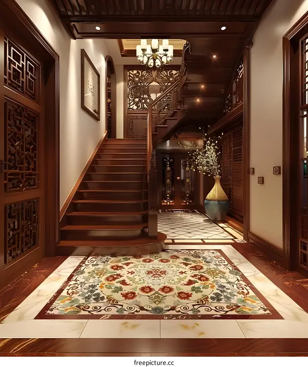 Chinese style house interior staircase and corridor
