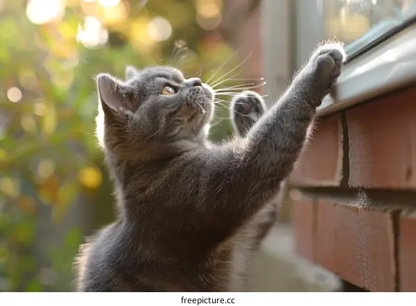 A Gray British Shorthair Cat Looking Out the Window