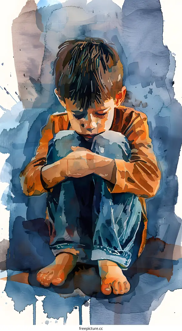boy sad watercolor painting