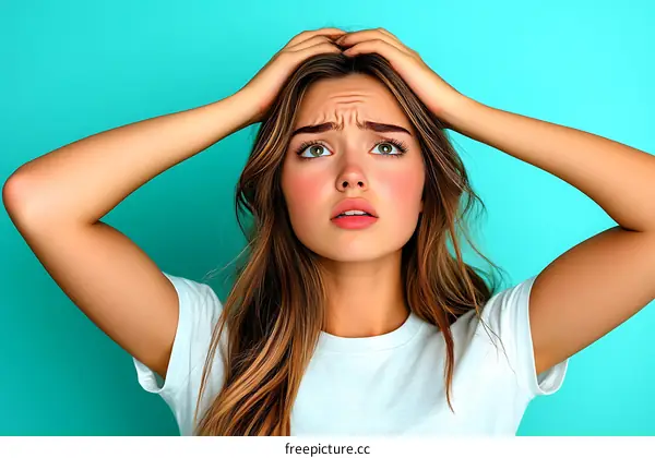 Young Woman Expressing Distress Against Turquoise Background