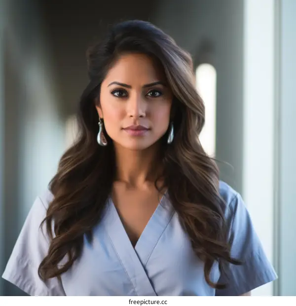 Portrait of a young female doctor or nurse with long brown hair wearing blue scrubs
