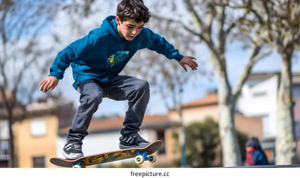 Young Boy Skateboarding in the Street