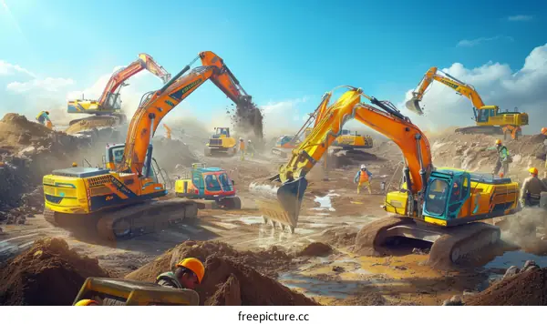 Construction site with excavators and workers