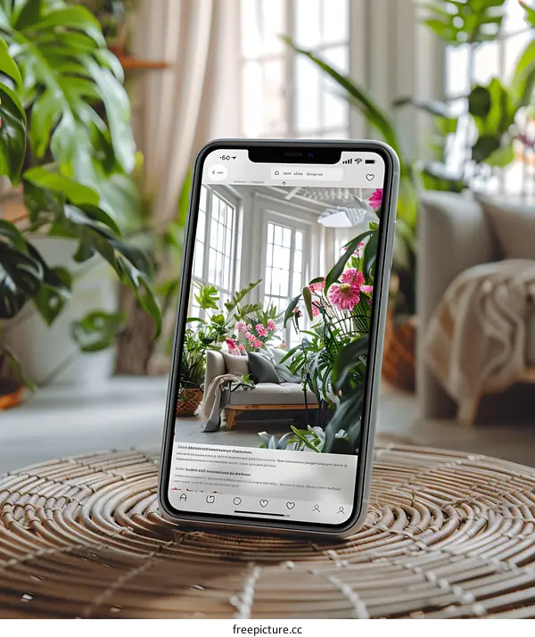 Phone Screen Displaying Home Decor Inspiration with Plants and a Sofa