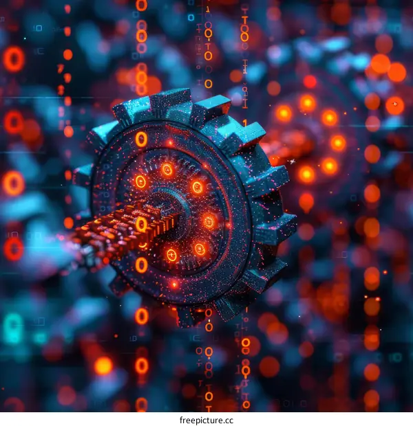 Binary code gear glowing orange and blue