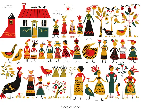 Folk Art Illustration of People and Animals