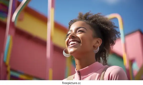 Cheerful young woman smiling brightly in front of colorful background