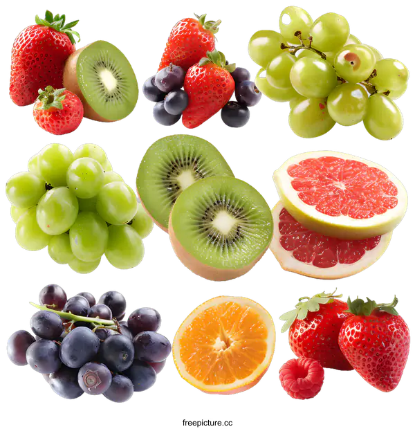 [Transparent Background PNG]Fresh Fruit Collage: Kiwi, Grapes, Strawberries, Orange and Grapefruit