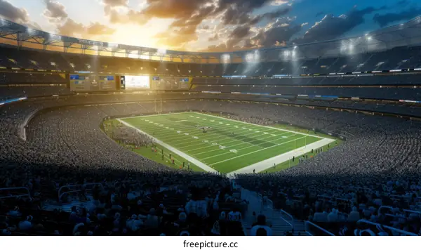 American football stadium with fans under sunset