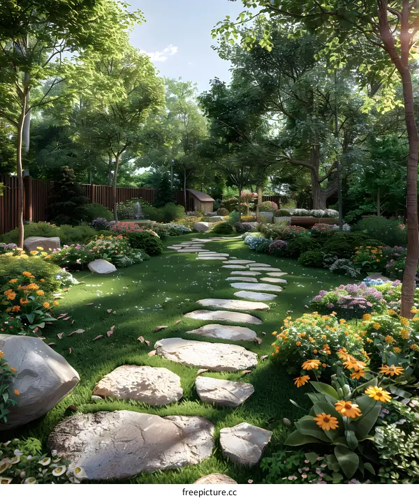 A stone path through a lush garden