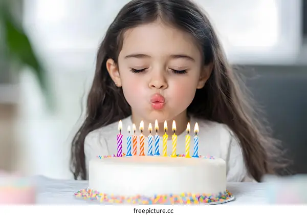 Little Girl Blowing Out Birthday Candles On Cake