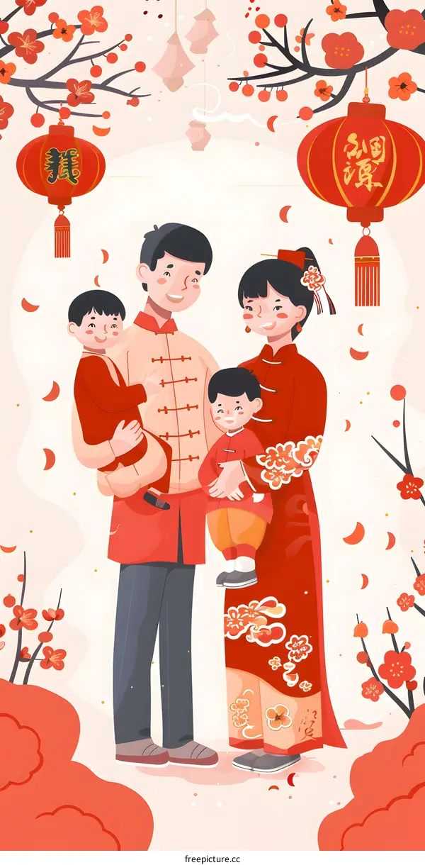 Happy Chinese New Year Family Illustration with Red Lanterns and Plum Blossoms