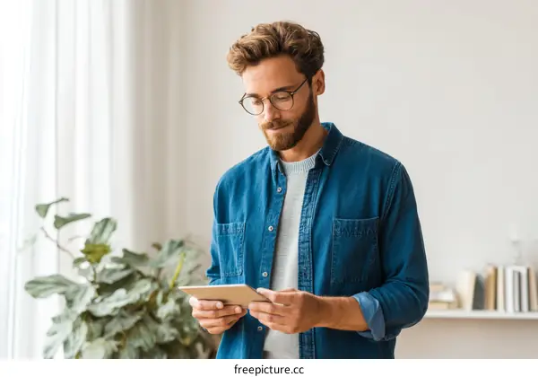 Caucasian Man Using Tablet in Modern Home
