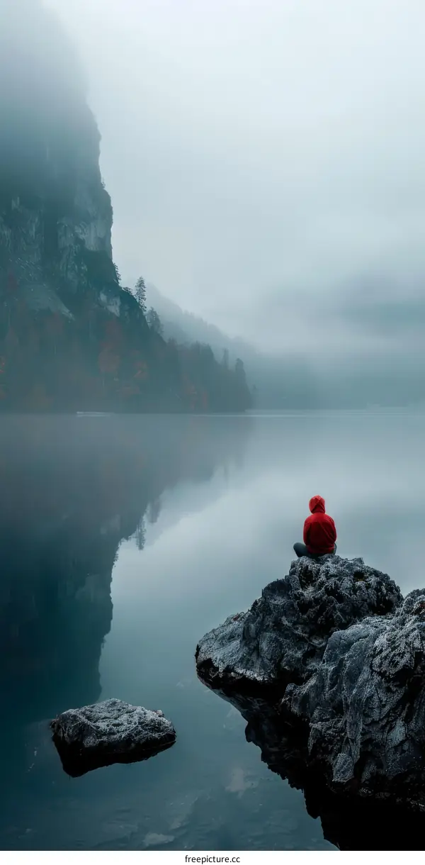 Man in red jacket sitting on rock in middle of lake surrounded by mountains