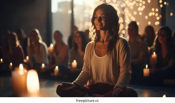A group of women are sitting in a circle with their eyes closed and hands resting on their knees. There is a woman in the front with her eyes open and smiling.