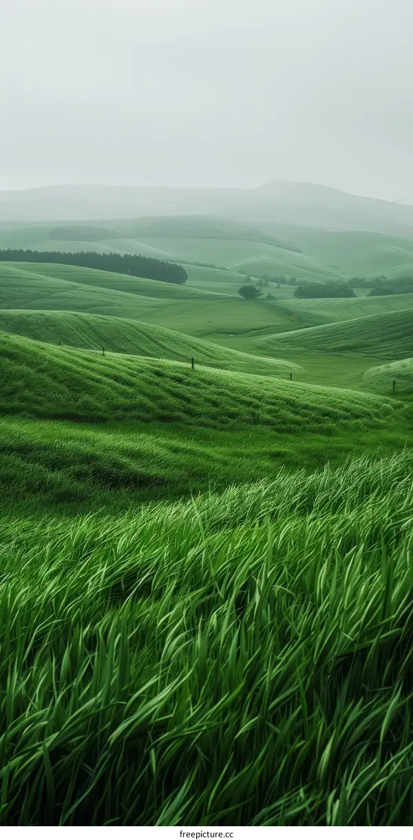 Rolling Green Hills with Windswept Grass