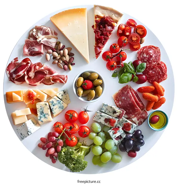 Round Cheese Board with Prosciutto, Salami, Grapes, and Tomatoes